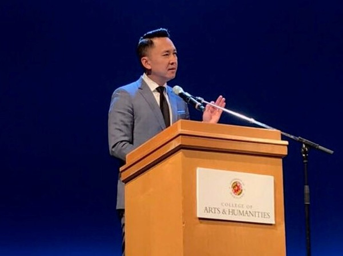 Pulitzer Prize-winning author Viet Thanh Nguyen speaks about his new book, "The Refugees," at the First Year Book event at the Clarice Smith Performing Arts Center on Tuesday, Oct. 23, 2018.